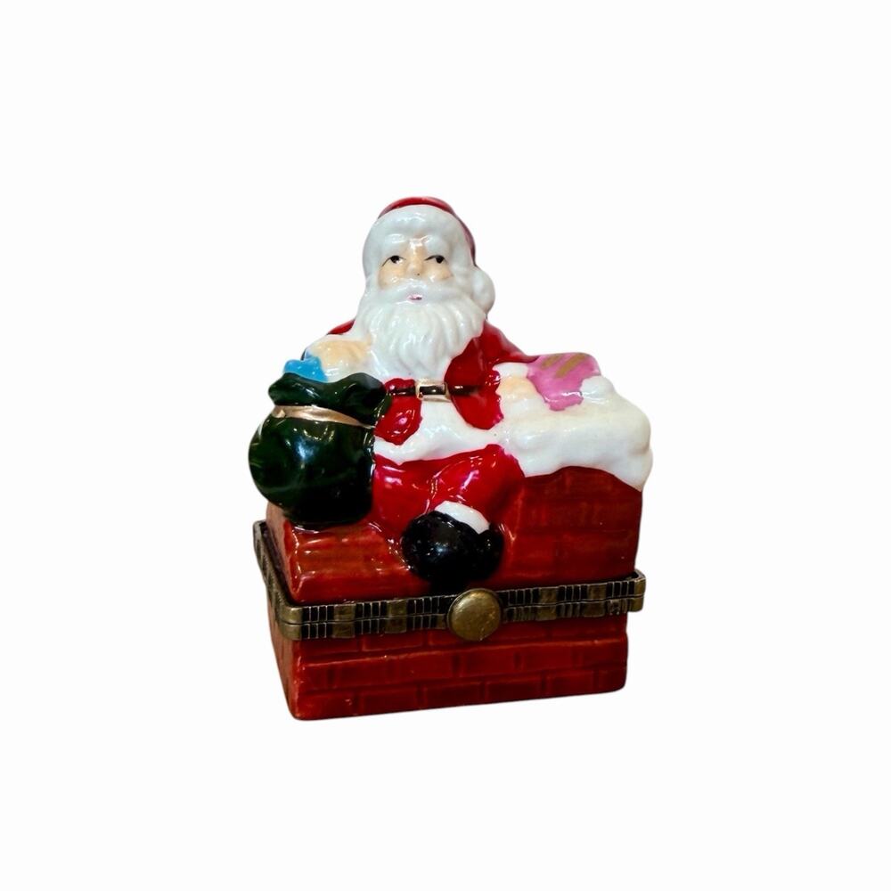 Vintage Porcelain Santa on Chimney Hinged Trinket Box Christmas Tiny Ring Box